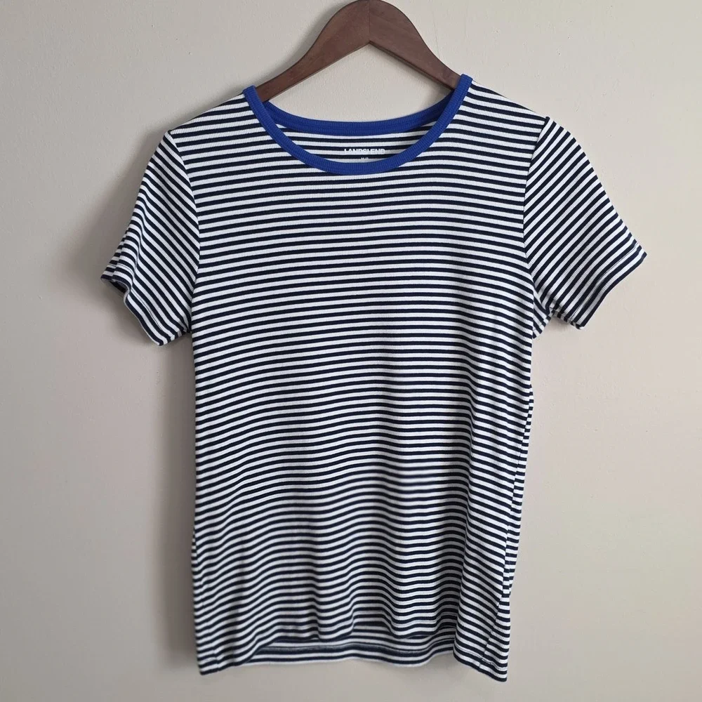 Lands End Casual Tees +‎ Short Set Women Medium Petite Blue Tan Striped Pockets